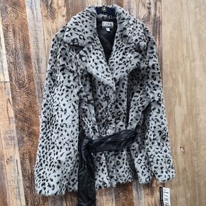 NWT Randolph Duke Black and Gray Leopard Pea Coat 2X W/belt